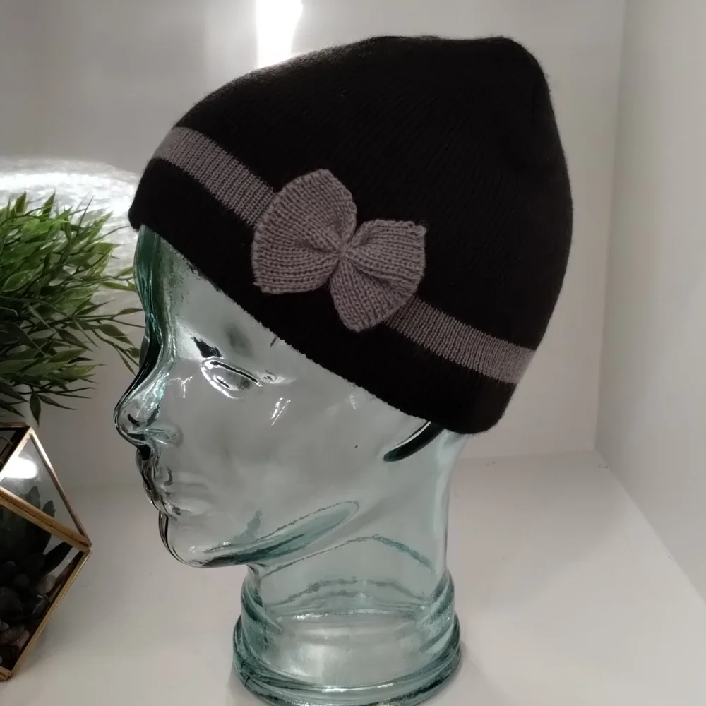 Girls Black & Gray Knit Stripe Beanie Hat with Bow Accent, One Size